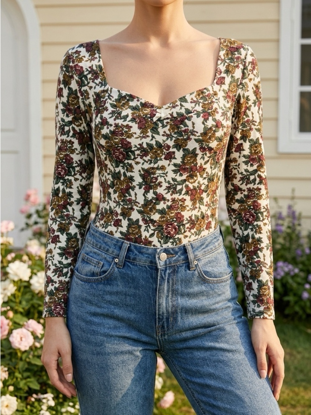HER Floral Square Neck Top Medium Cream Long Sleeve Fitted Stretch Granny Core
